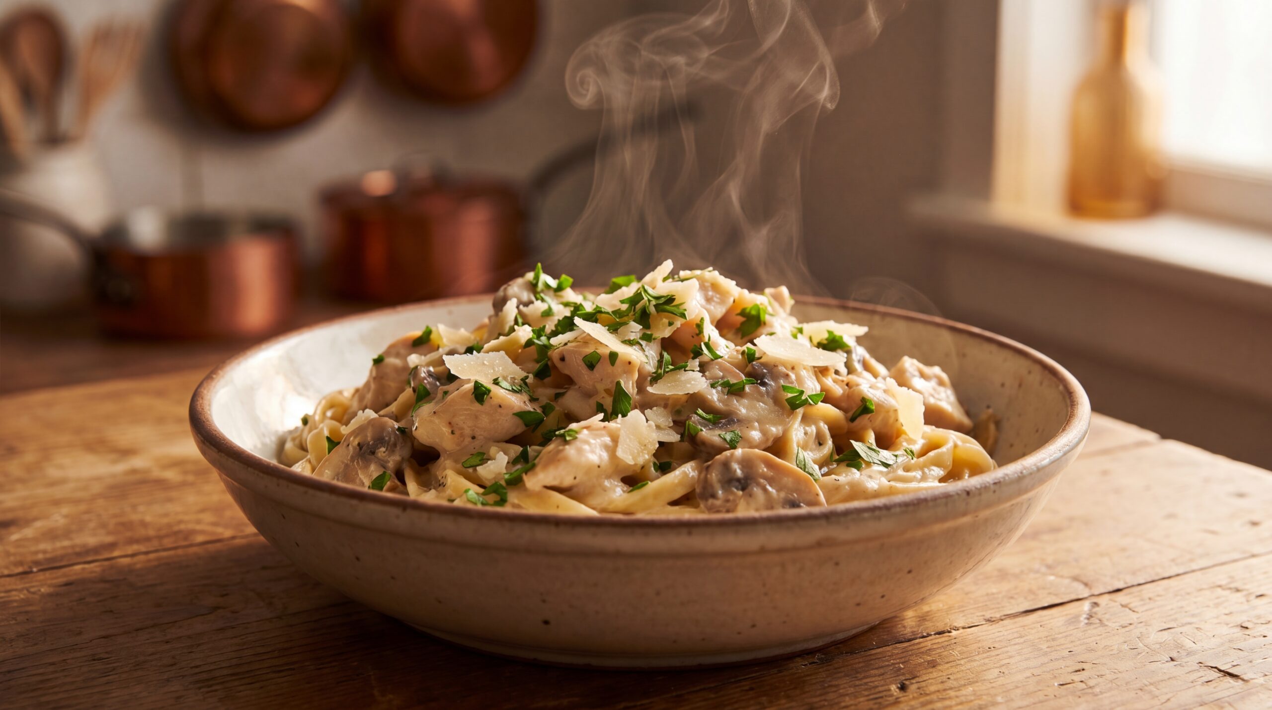 Creamy garlic chicken pasta ready in minutes