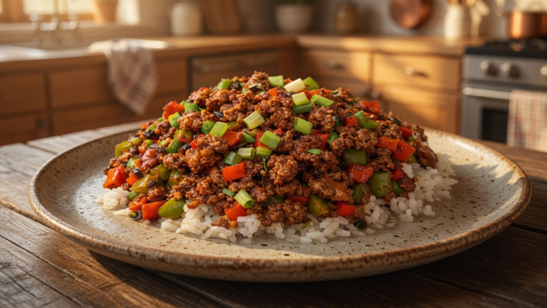 Ground beef and bell pepper stir fry with rich taste