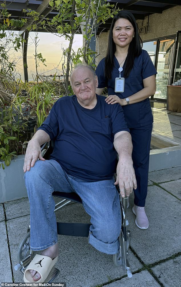 Thomas Markle, 81 (pictured with his Filipino nurse Rio Canedo, 46) nearly died five months ago when a clot in his thigh blocked the supply of blood to his foot 