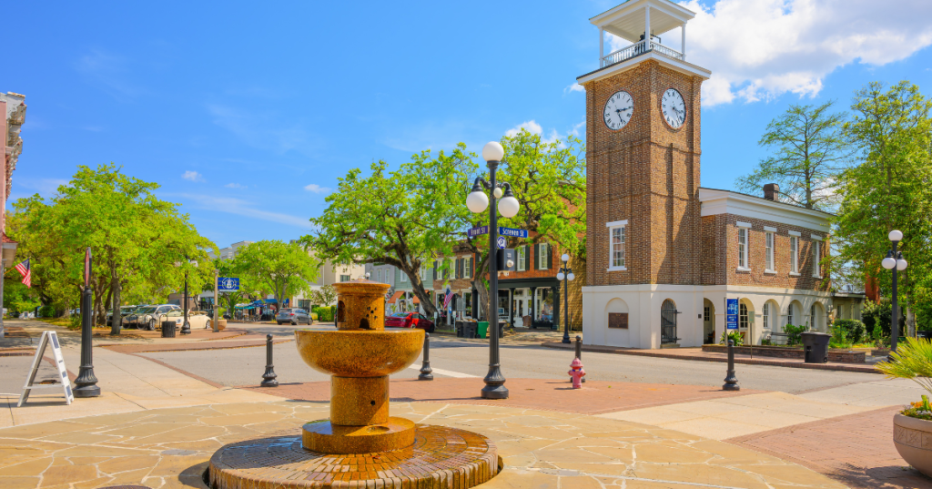 a fountain and building with a clock tower along front street, the main street in georgetown, south carolina