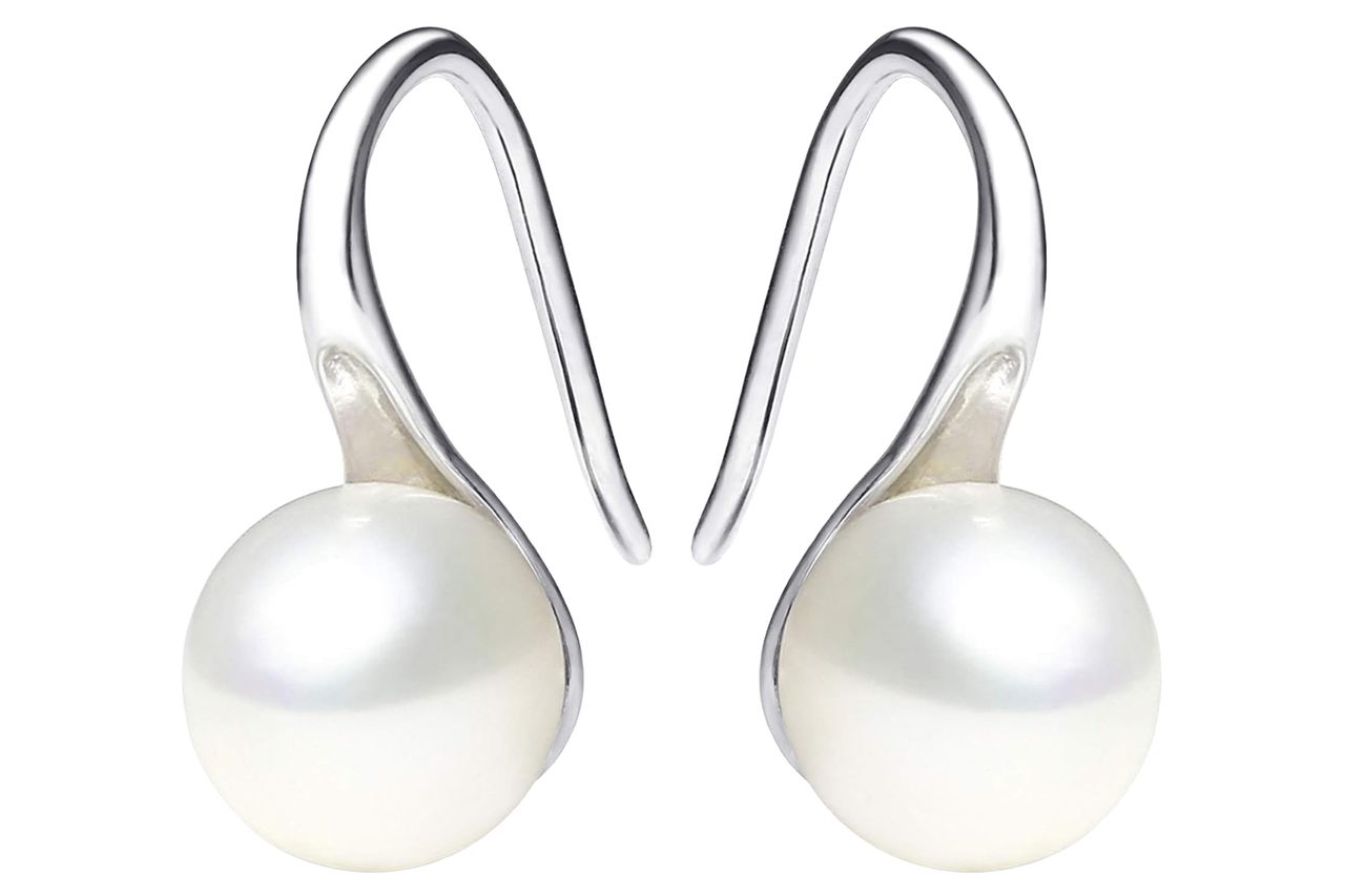 925 Sterling Silver Hoop Handpicked AAA+ Quality 7.5-8mm White Freshwater Cultured Pearl Dangle Drop Earrings Jewelry for Women