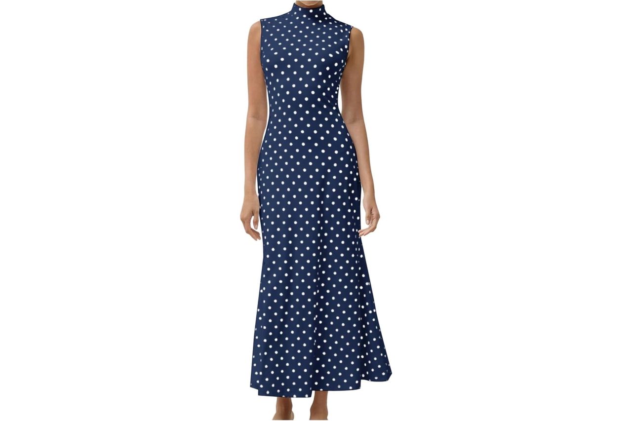 Milumia Women's Polka Dots Maxi Tank Dress Vintage Mock Neck Sleeveless Elegant Long Dresses