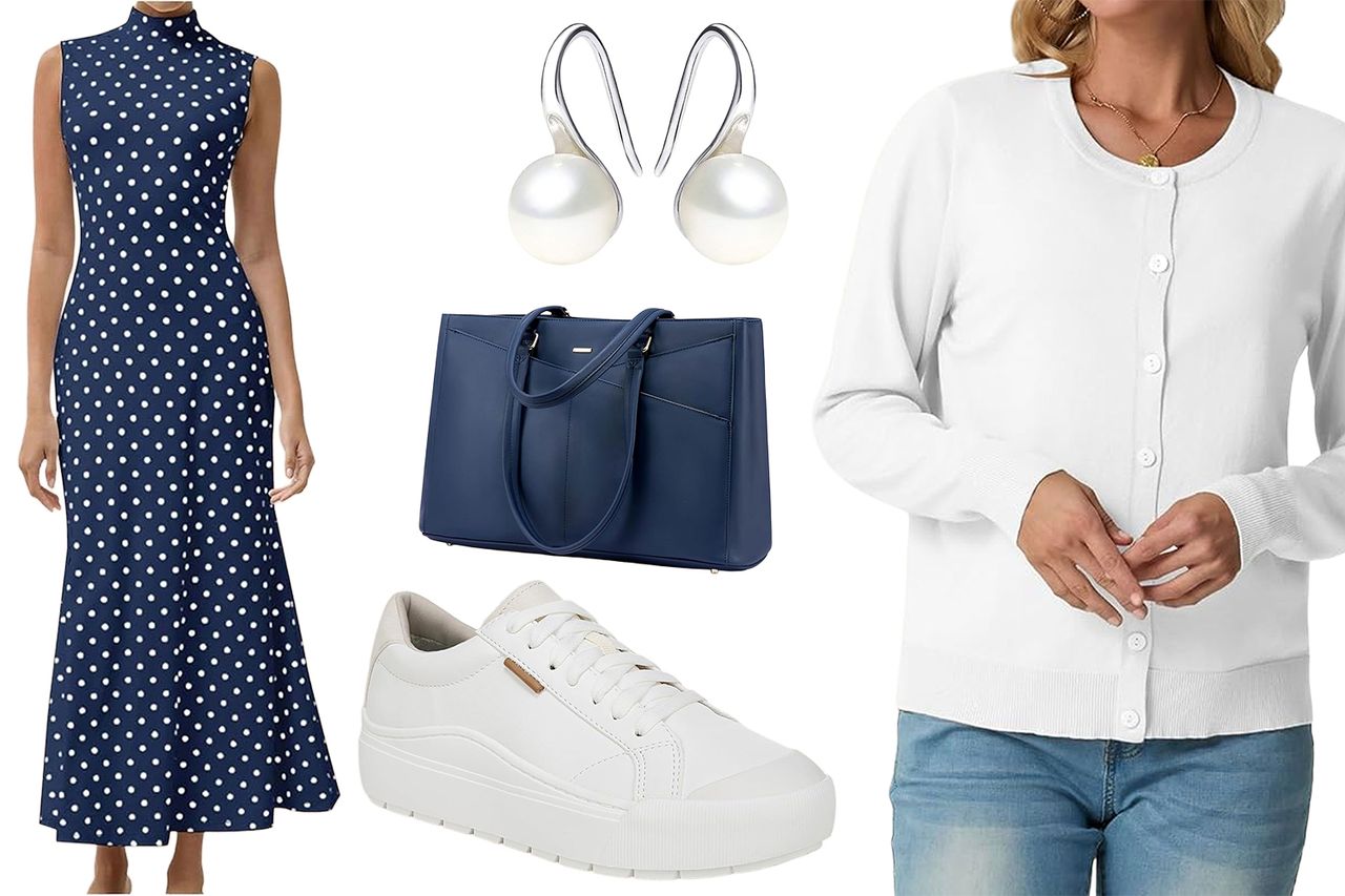 A polka dot dress a white cardigan a pair of white sneakers a navy blue handbag and pearl earrings arranged in a collage