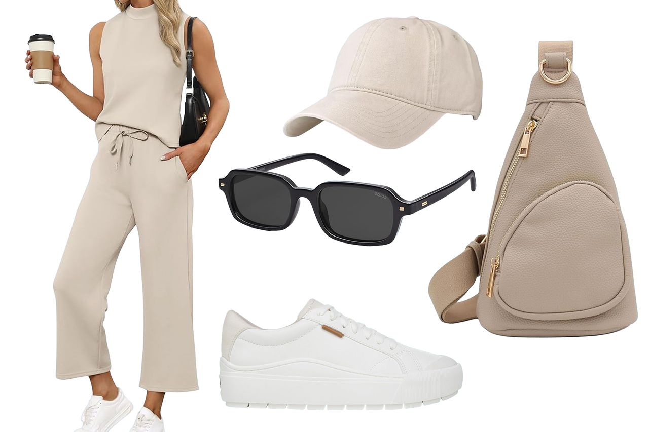 A casual outfit collection including lounge set sneakers sunglasses a cap and a crossbody bag