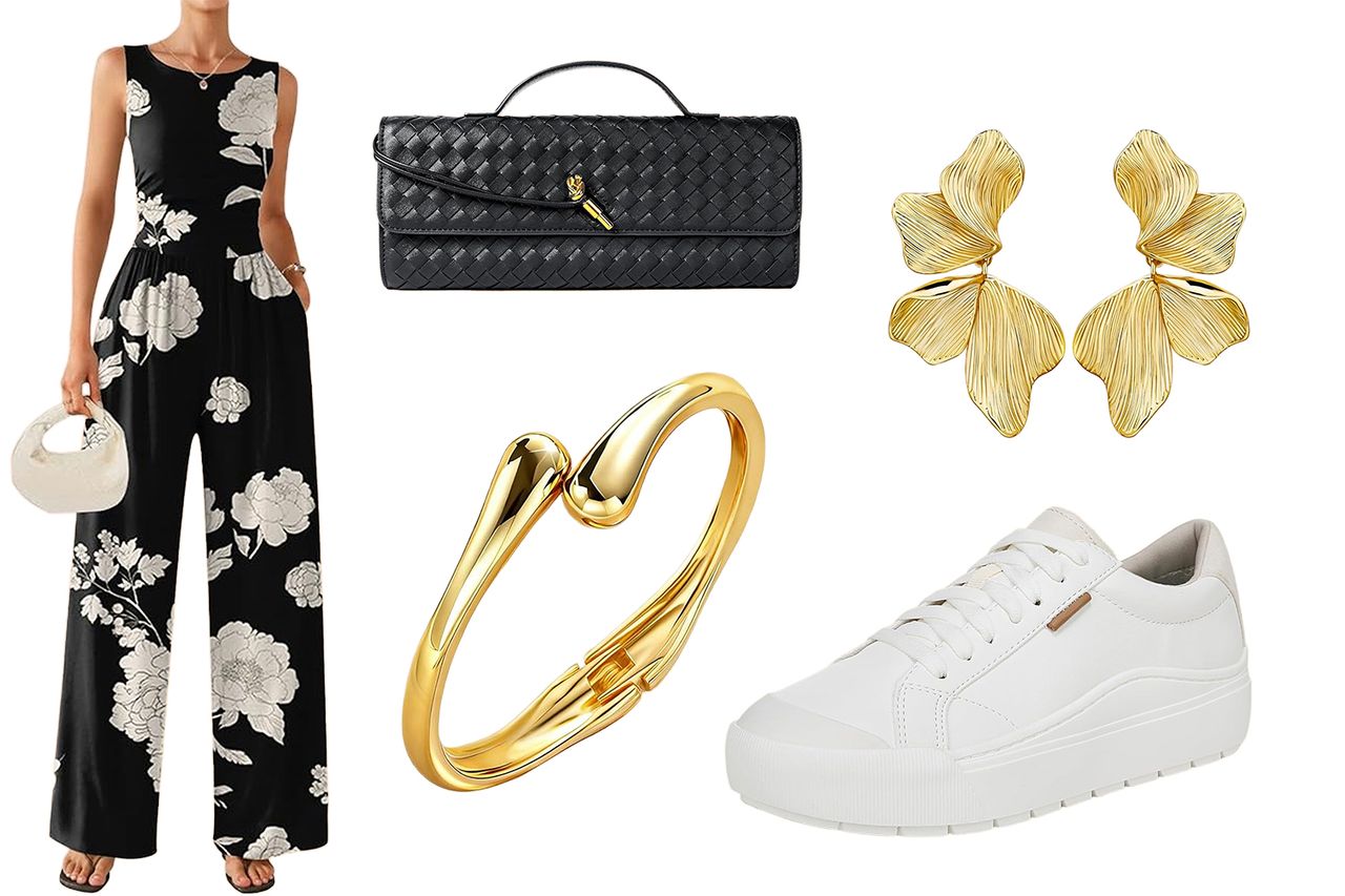A floral jumpsuit a clutch bag gold earrings a golden ring and white sneakers arranged together