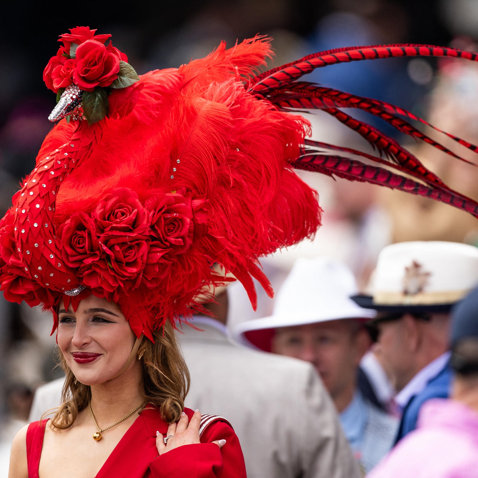 A woman attends the 152nd running of the Kentucky Derby at Churchill Downs in Louisville, Kentucky, on May 2, 2026.