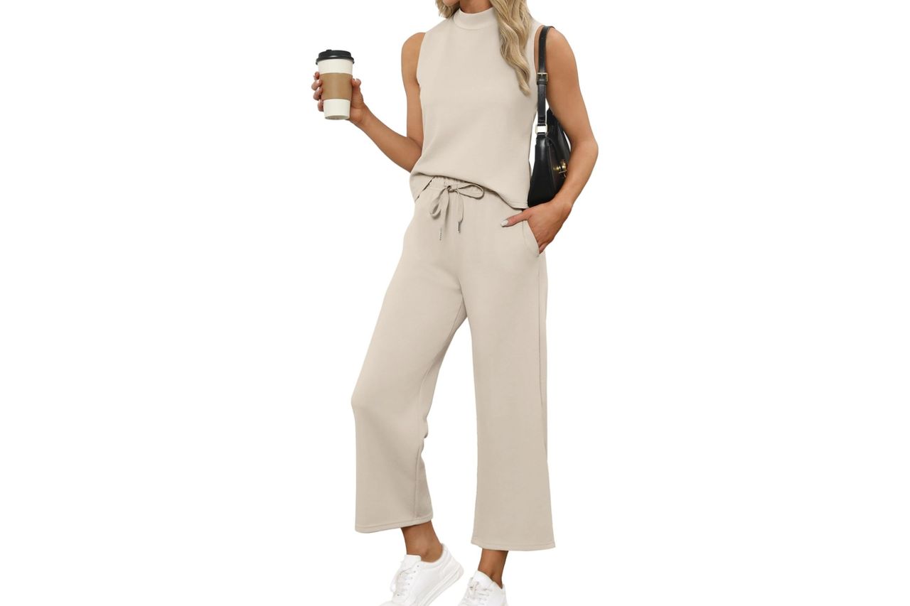 SAMPEEL Two Piece Sets for Women Summer Outfits Lounge Sets Mock Neck Tops Wide Leg Crop Pants Vacation Travel Outfits