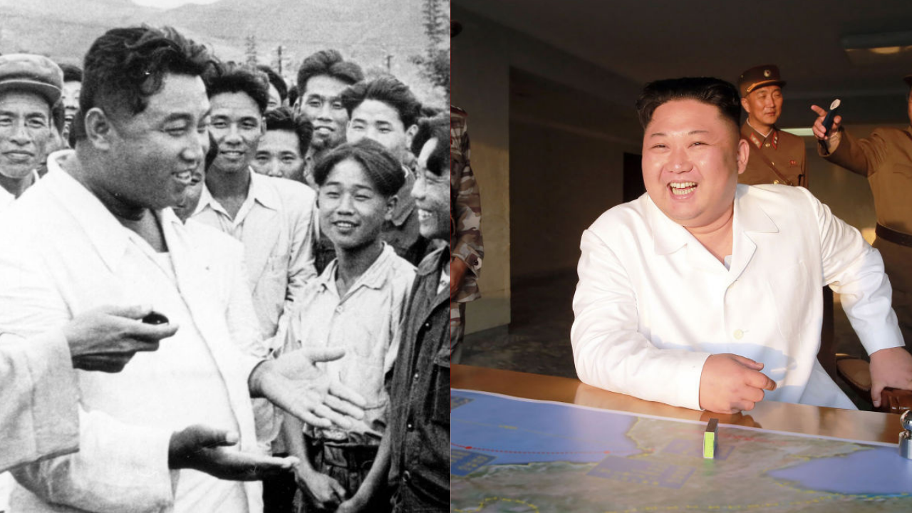 En una prueba de misiles en 2017, Kim Jong Un (derecha) lució un atuendo muy similar al que usó su abuelo en la Fábrica de Máquinas Herramienta de Huichon en 1967.