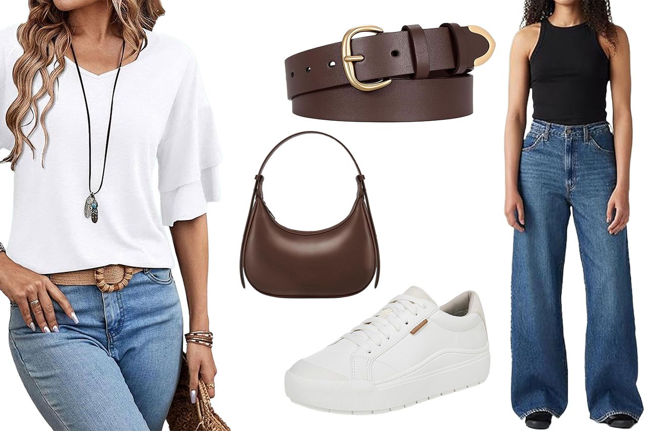 Casual outfit pieces displayed white blouse wideleg jeans leather belt brown bag and white sneakers