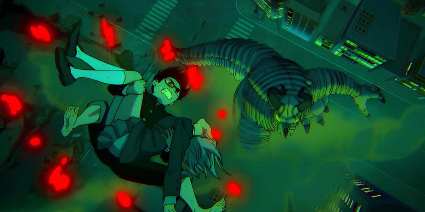 Okarun saves Aira from Space Kaiju in Dandadan.