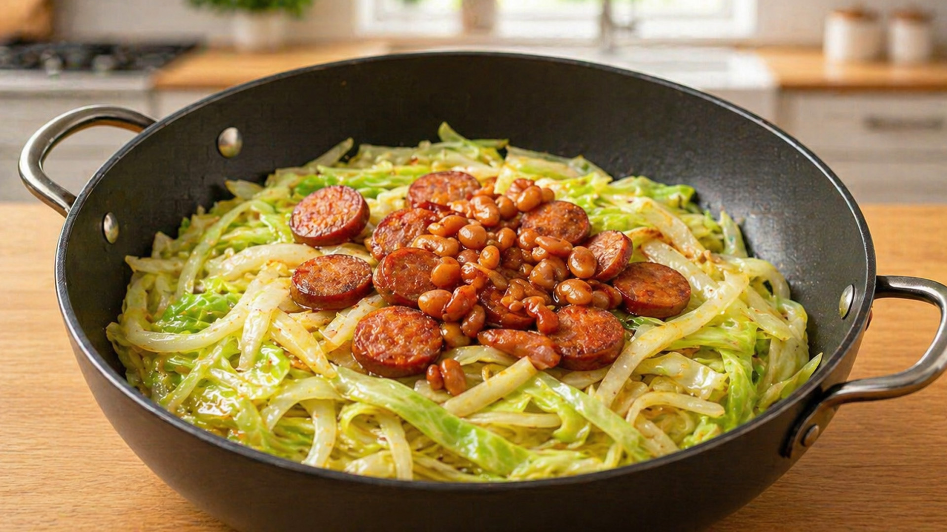 How to make fried cabbage with sausage and beans