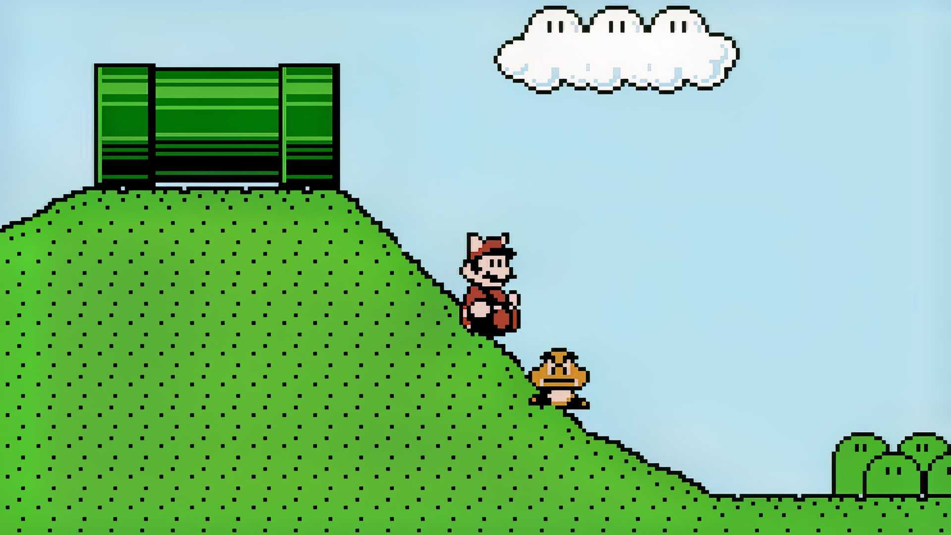 A Super Mario Bros. 3 screenshot featuring Mario sliding into a Goomba.