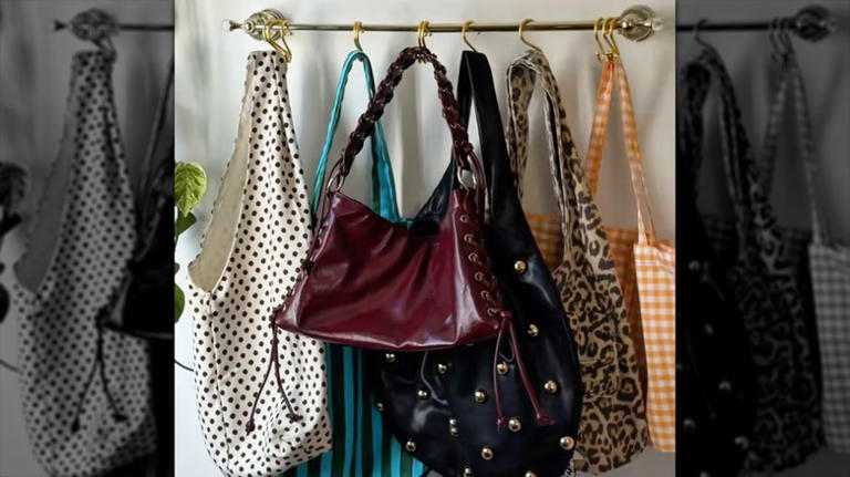 Turn a towel rack into a simple hanging storage solution for purse clutter