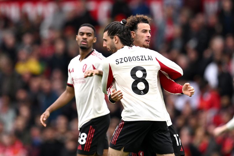 Dominik Szoboszlai celebrates scoring for Liverpool against Man Utd.
