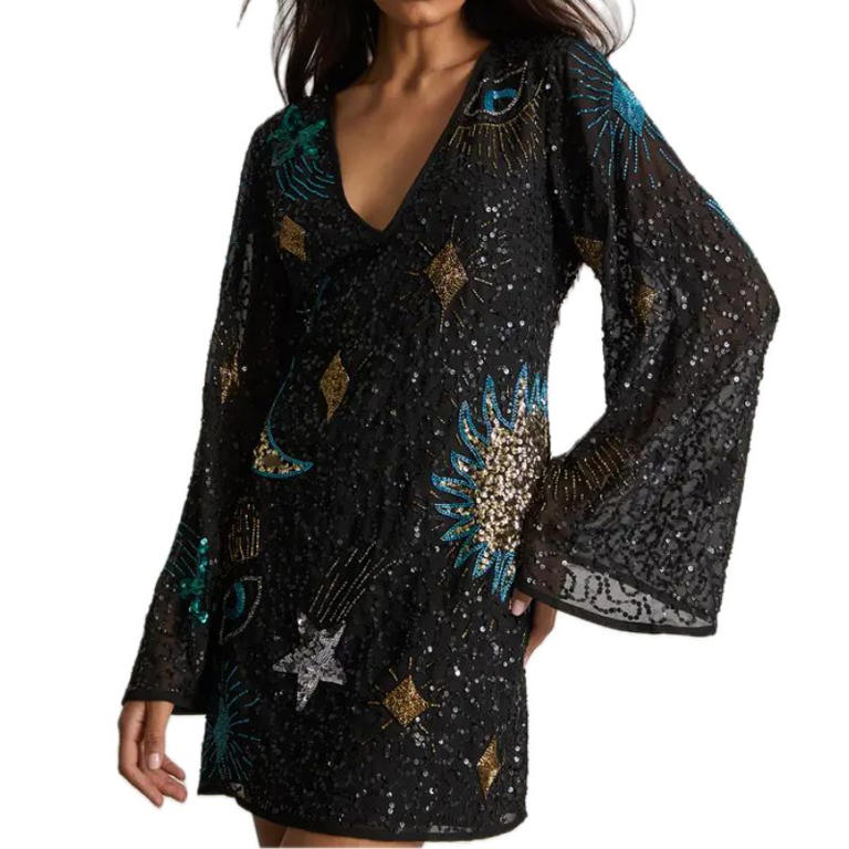 sheer panelled long sleeve mini dress in steel blue Stellaire Long Sleeve Mini Dress Blue
