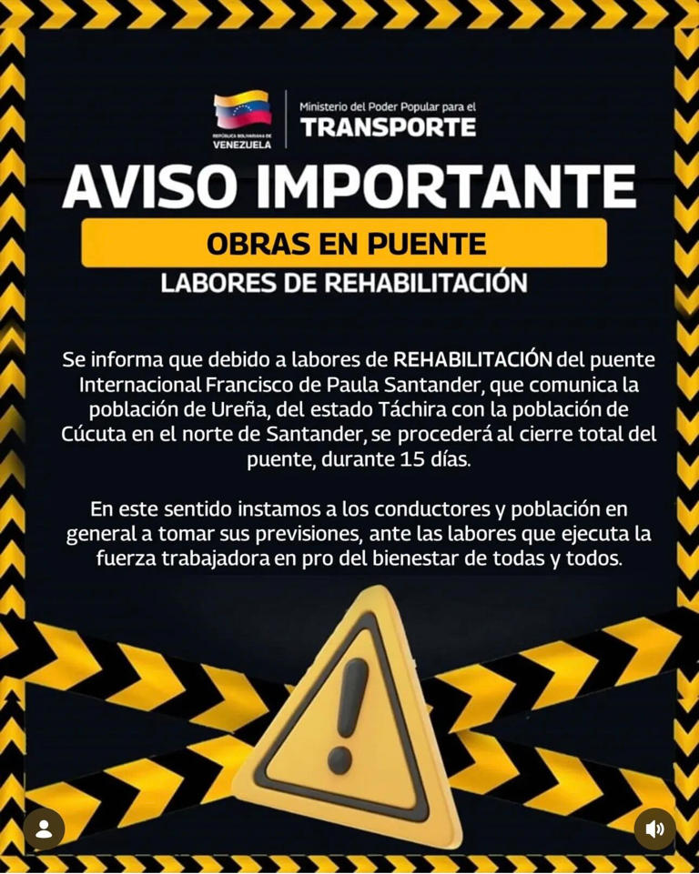 Aviso publicado por el ministerio venezolano en redes sociales