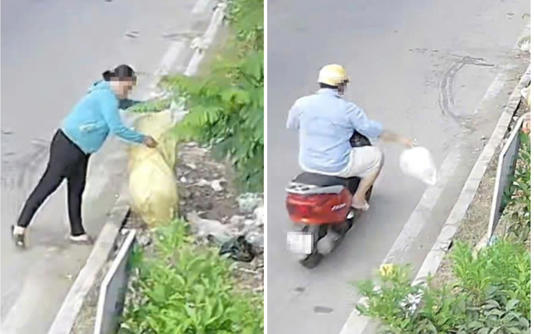 Camera ghi nhận hai người vứt rác ven đường Nguyễn Văn Linh, mỗi người bị phạt 1,5 triệu đồng
