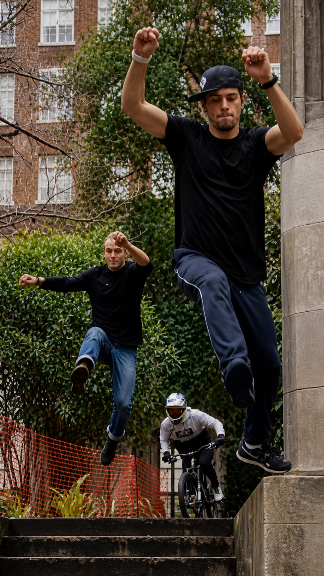 Movement and balance in a parkour downhill scene