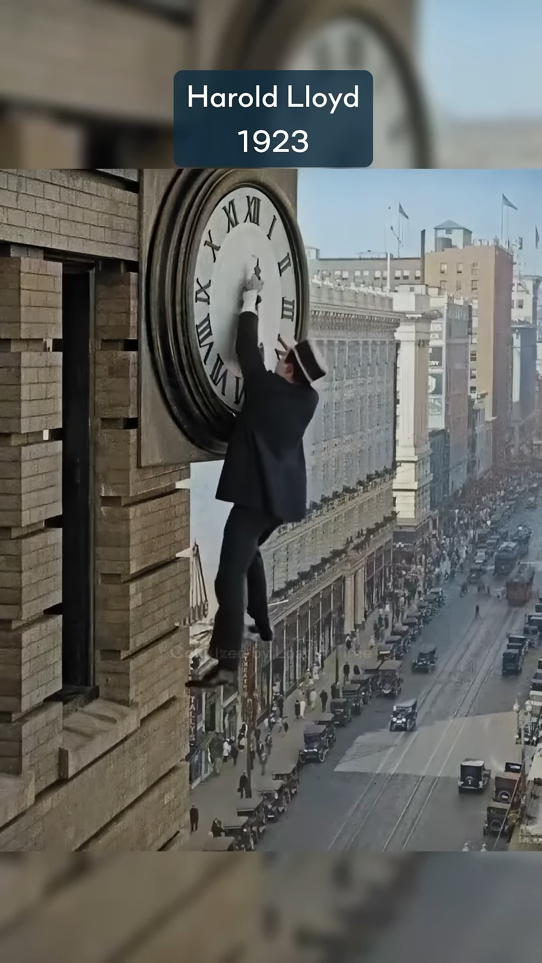 Harold Lloyd’s famous stunt from Safety Last in 1923 in color