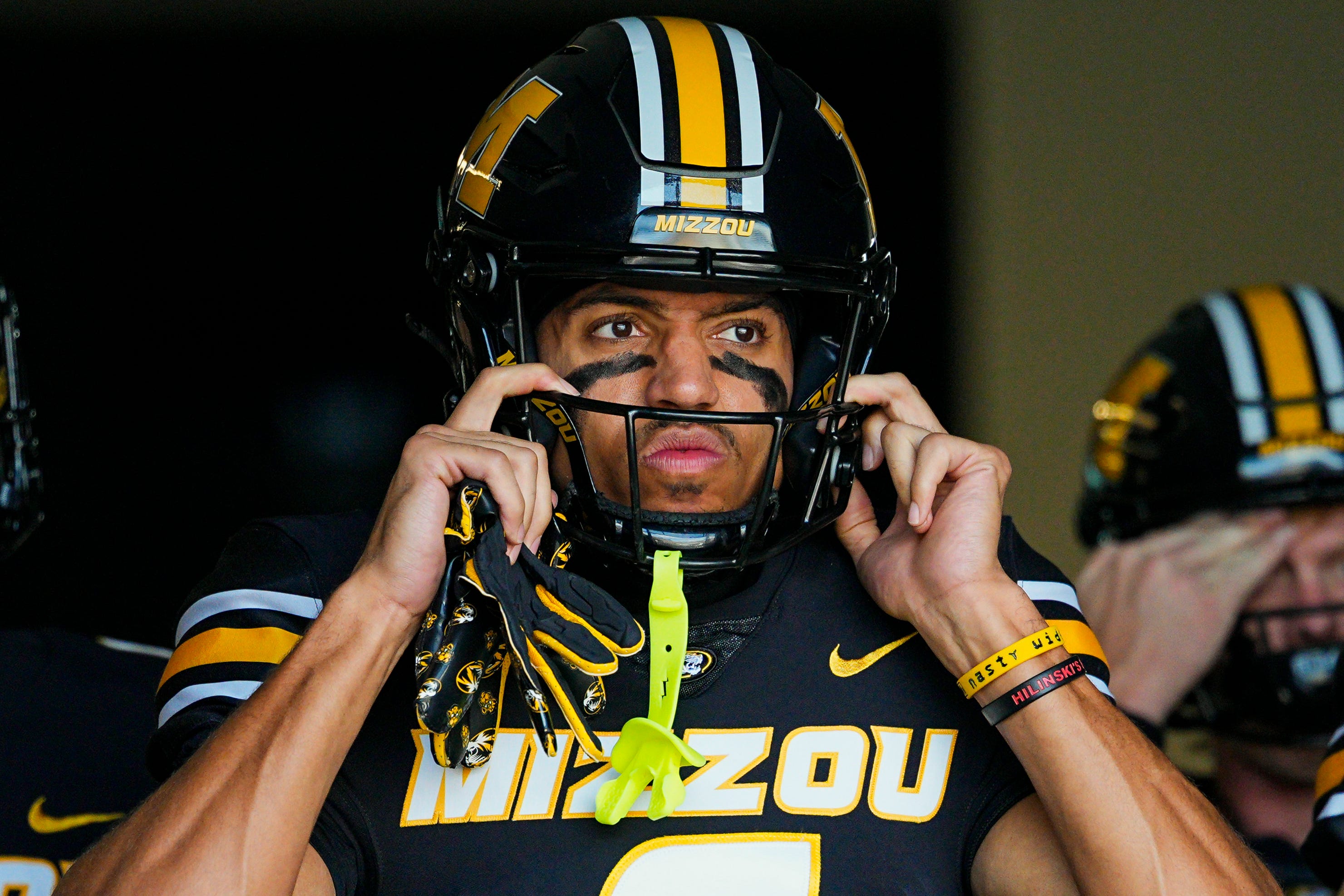 Sep 6, 2025; Columbia, Missouri, USA; Missouri Tigers wide receiver Xavier Loyd (6) gets ready to take the field prior to a game against the Kansas Jayhawks at Faurot Field at Memorial Stadium. Mandatory Credit: Jay Biggerstaff-Imagn Images