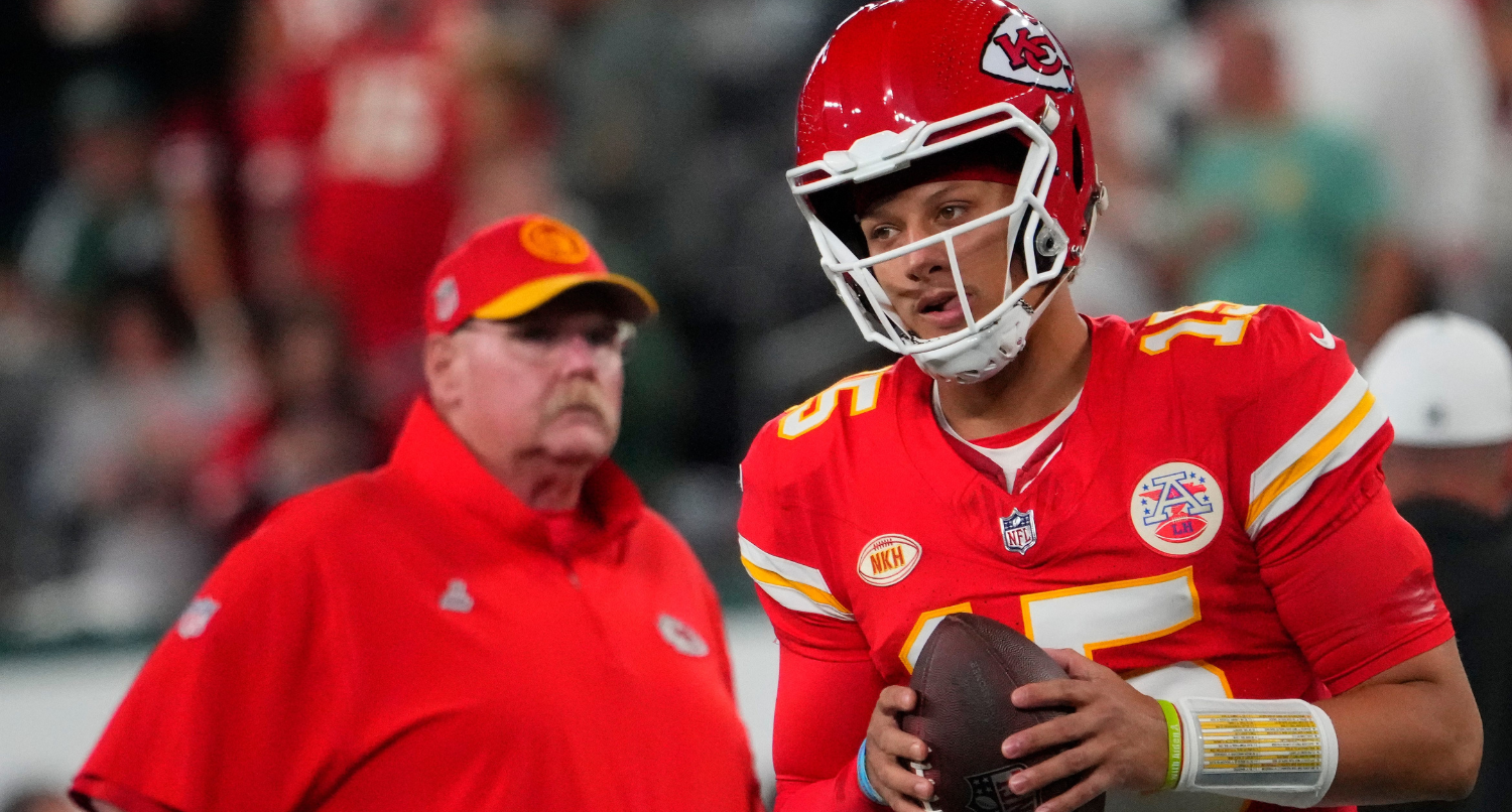 Kansas City Chiefs quarterback Patrick Mahomes (15) and Kansas City Chiefs head coach Andy Reid pre game against the Jets at MetLife Stadium.