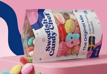 Bag of Swedish Pick & Mix Candy on a pink platform, labeled as an assorted half-pound variety pack from Swedish Candy Chef