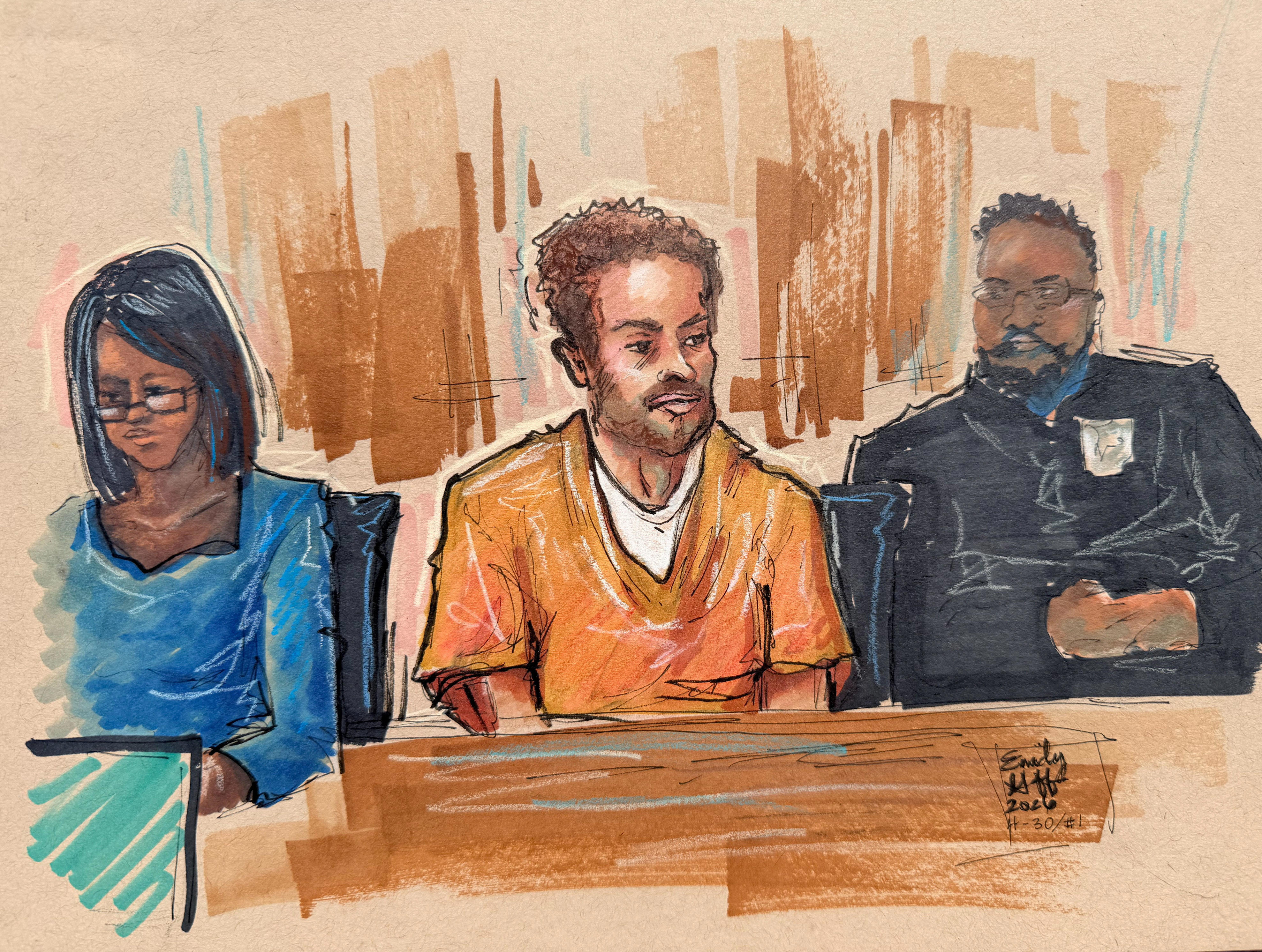 Cole Tomas Allen, a suspect in the White House Correspondents' Association (WHCA) dinner shooting, sits in the courtroom during a hearing after being charged with attempting to assassinate U.S. President Donald Trump, in Washington D.C., U.S., April 30, 2026, in this courtroom sketch.