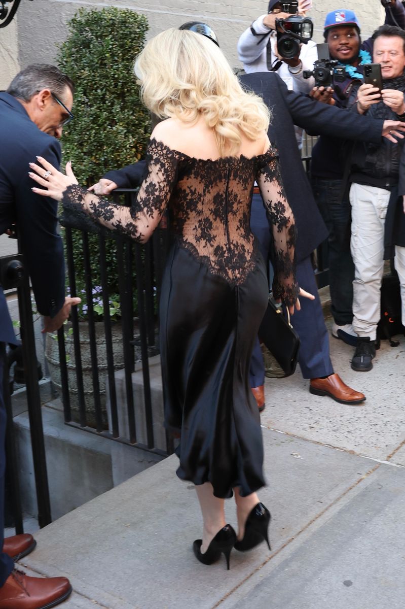Sabrina Carpenter turns heads in sheer off-the-shoulder lace and silk ...