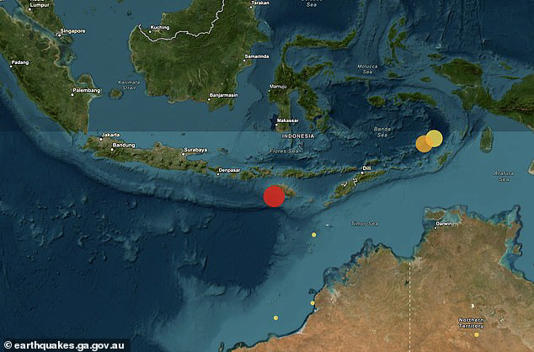 A magnitude six earthquake (pictured in red) struck off the coast of Sumba, Indonesia