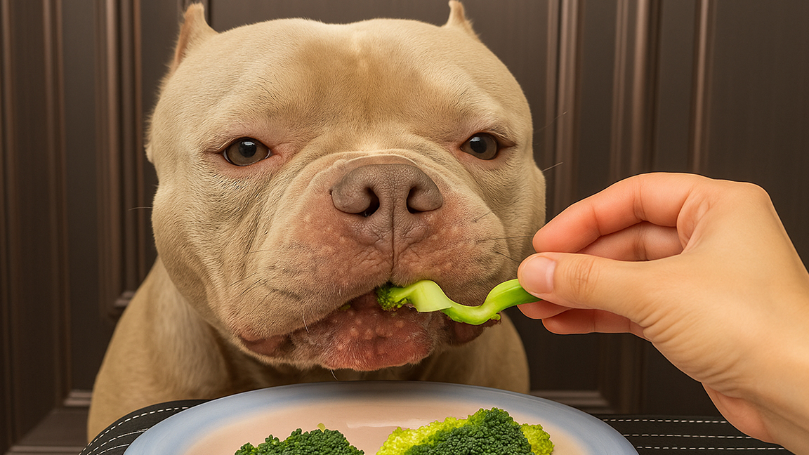 Dog eating broccoli from hand