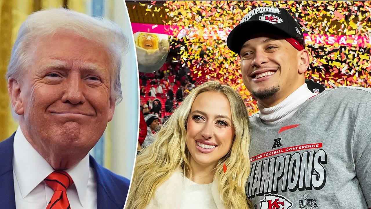 Donald Trump stands with Brittany and Patrick Mahomes in a photo from AP Newsroom/Getty Images.