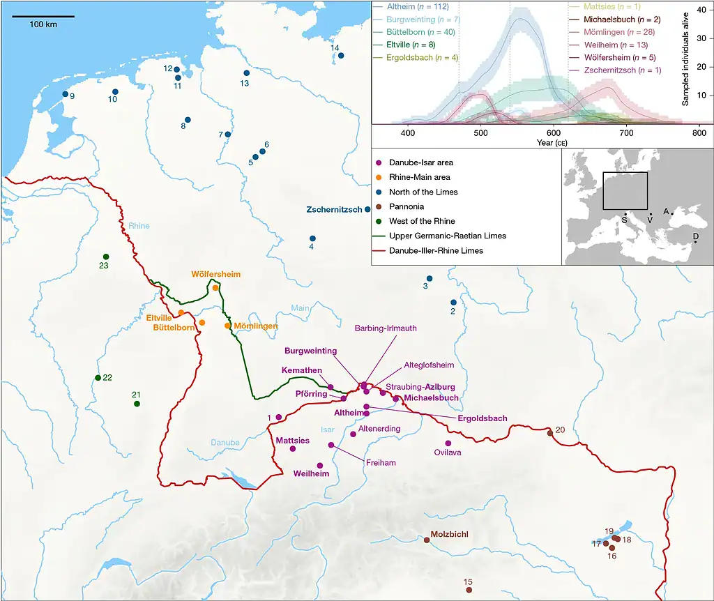 The Upper Germanic-Raetian Limes (green) marked the border of the Roman Empire until the second half of the third century ce, then replaced by the Danube-Iller-Rhine Limes (red) until the late fifth century CE. Credit: Nature, 2026.