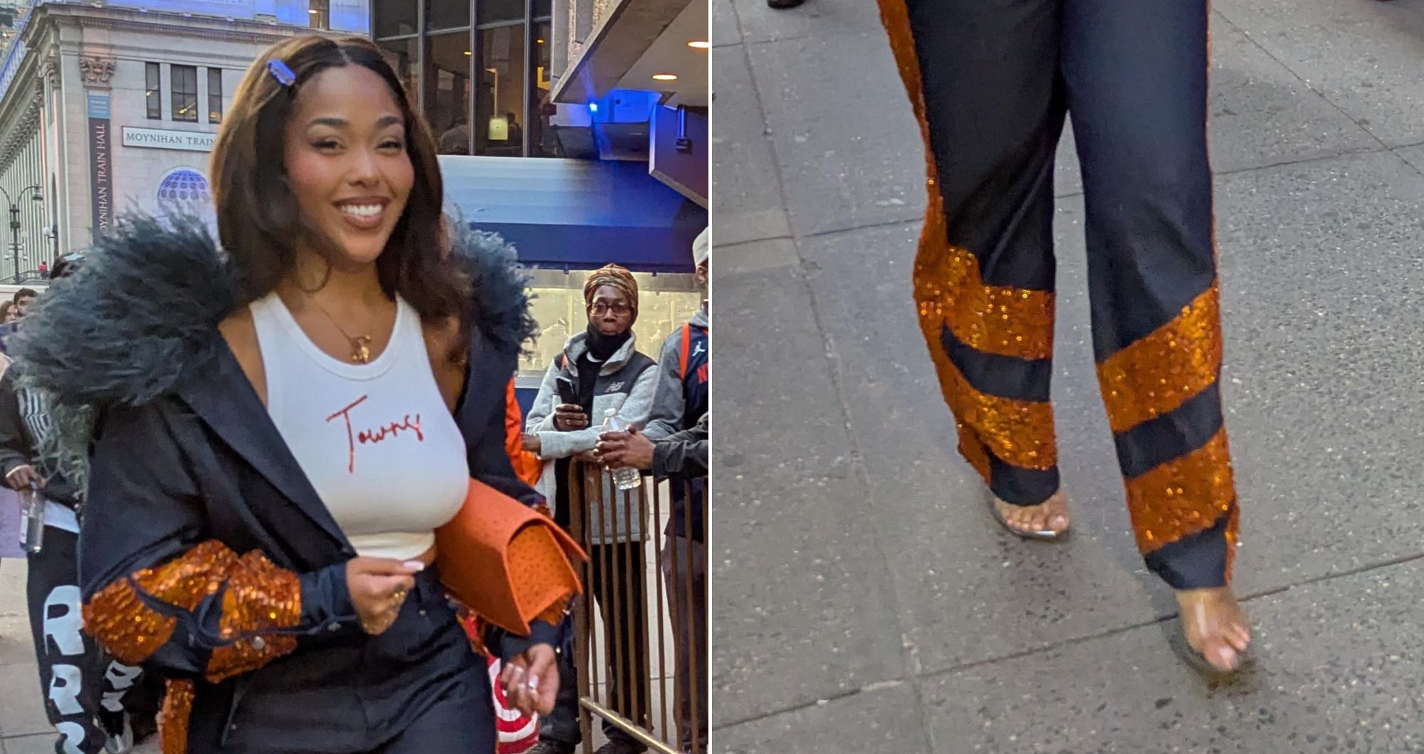 Jordyn Woods swaps Knicks pumps for clear heels courtside