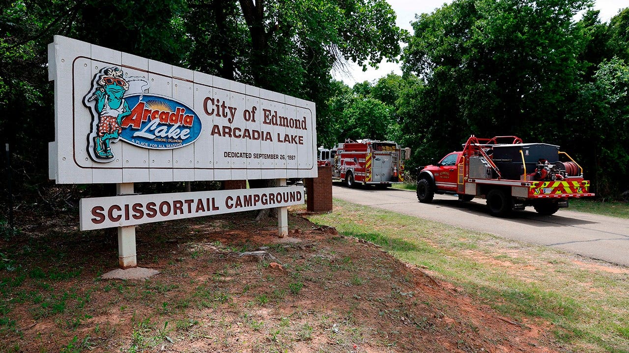 Edmond fire crews enter Scissortail Campground at Arcadia Lake in Edmond, Okla., on Monday, May 4, 2026, following a party shooting on Sunday evening.