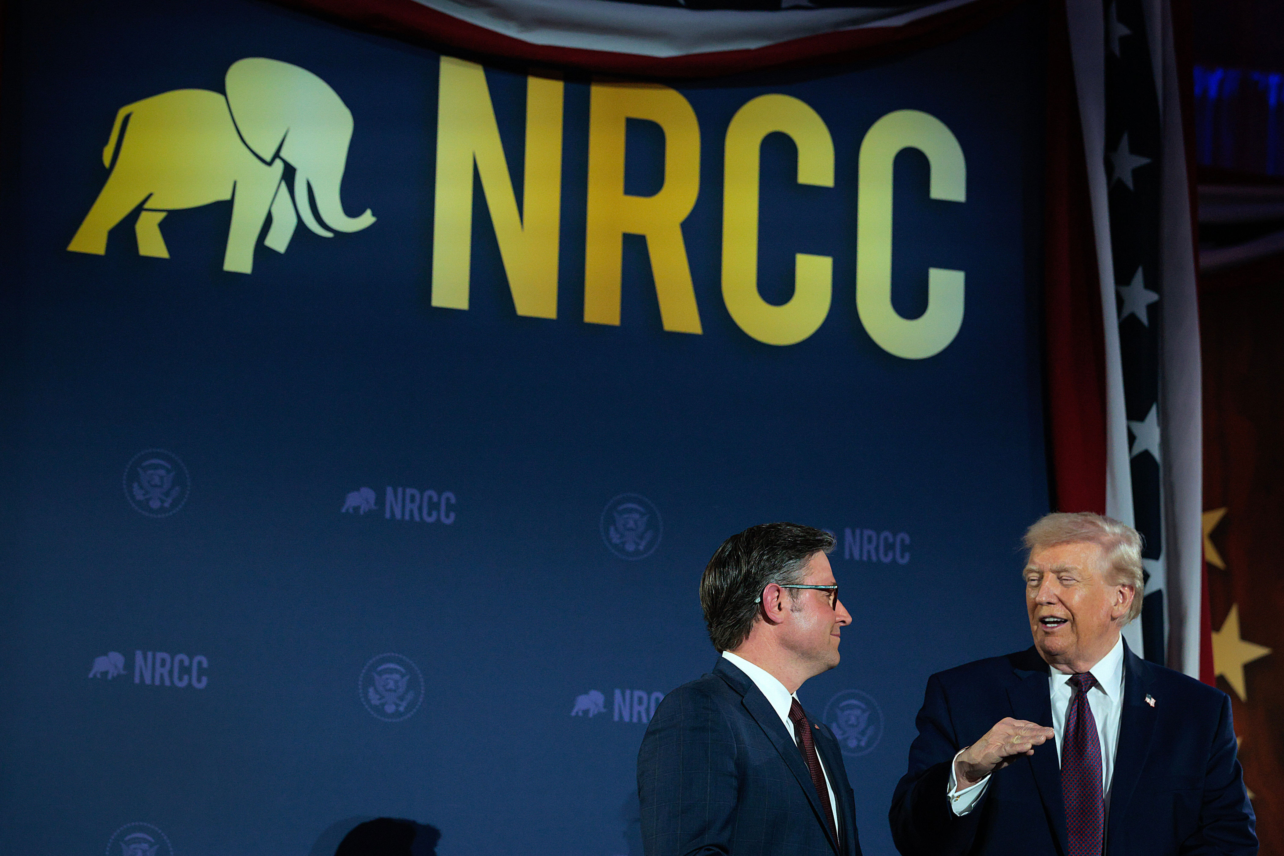 WASHINGTON, DC - MARCH 25: U.S. President Donald Trump and Speaker of the House of Representatives Mike Johnson attend the National Republican Congressional Committee's annual fundraising dinner at Union Station on March 25, 2026 in Washington, DC. President Trump was this year's keynote speaker at the dinner. (Photo by Chip Somodevilla/Getty Images) (Photo: Chip Somodevilla via Getty Images)
