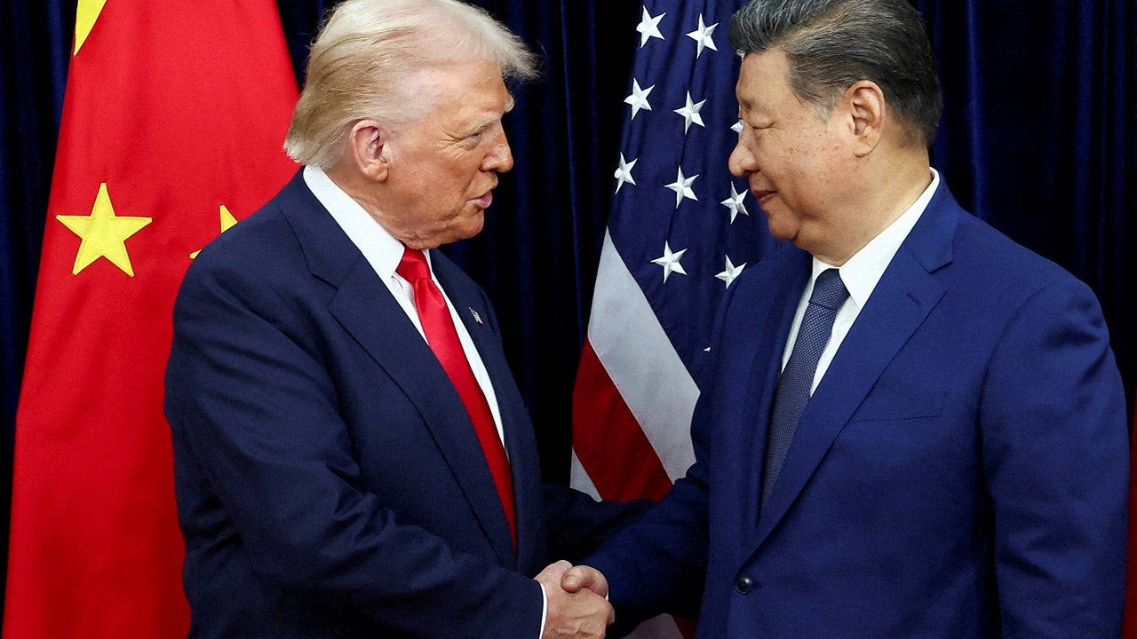 President Donald Trump shakes hands with Chinese President Xi Jinping during a bilateral meeting at Gimhae International Airport on the sidelines of the Asia-Pacific Economic Cooperation summit in Busan, South Korea, on Oct. 30, 2025.
