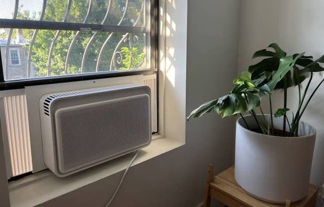 a reviewer photo of the AC installed in a window