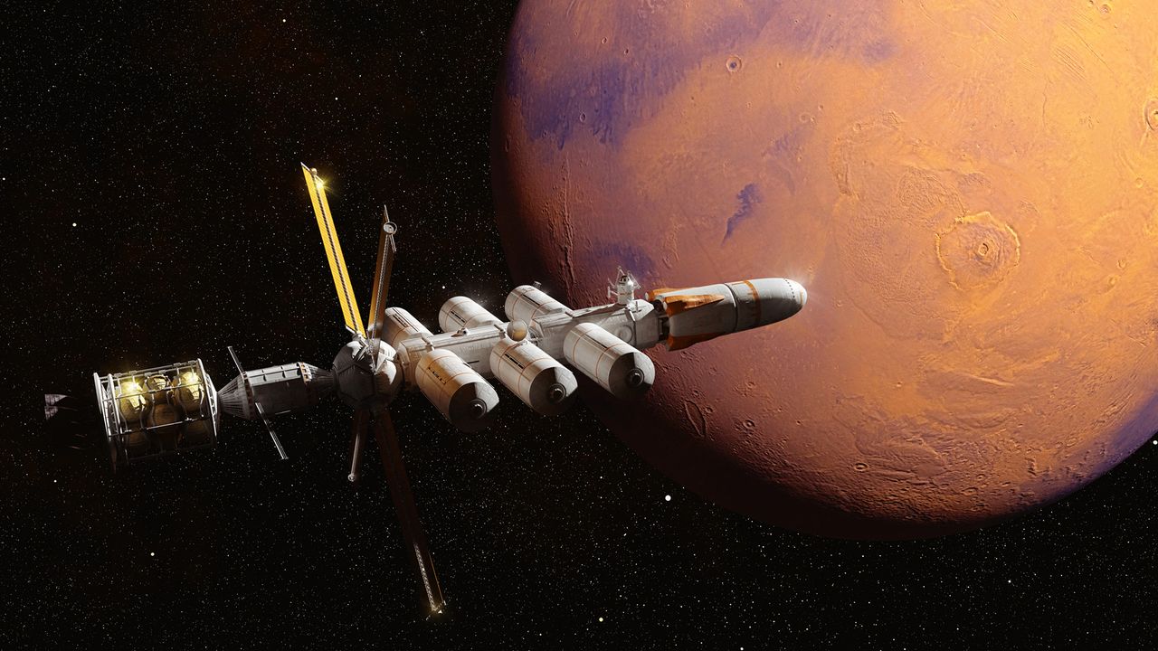 An illustration of a white spacecraft with solar panels approaching an orange/red planet.
