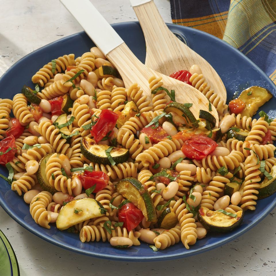 A recipe image of Roasted Vegetable & Bean Pasta Salad.