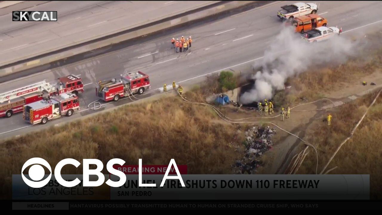 Tunnel fire in San Pedro continues to keep 110 Freeway northbound lanes ...