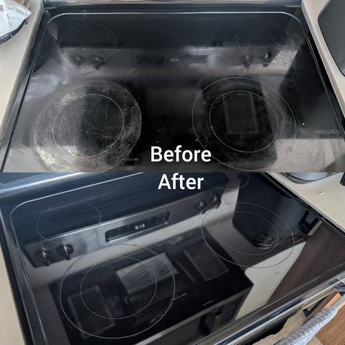 Before and after comparison of a glass stovetop, showing one dirty and one clean surface