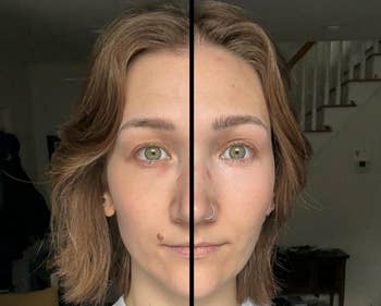 Split image of a person showing a makeup-free face on one side and a makeup-applied face on the other, wearing a graphic sweatshirt