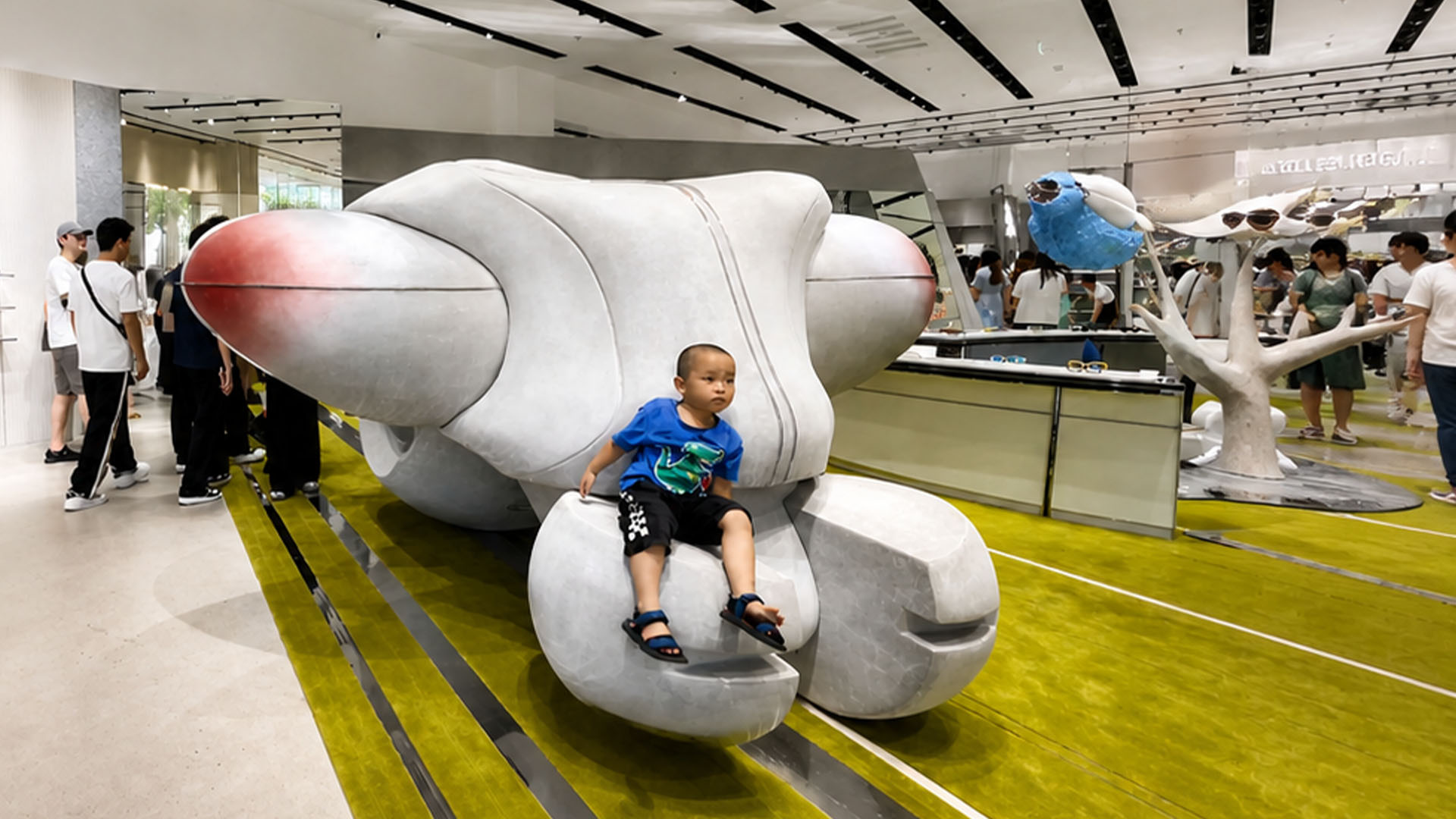 Visitors interact with a giant futuristic structure inside China’s ...