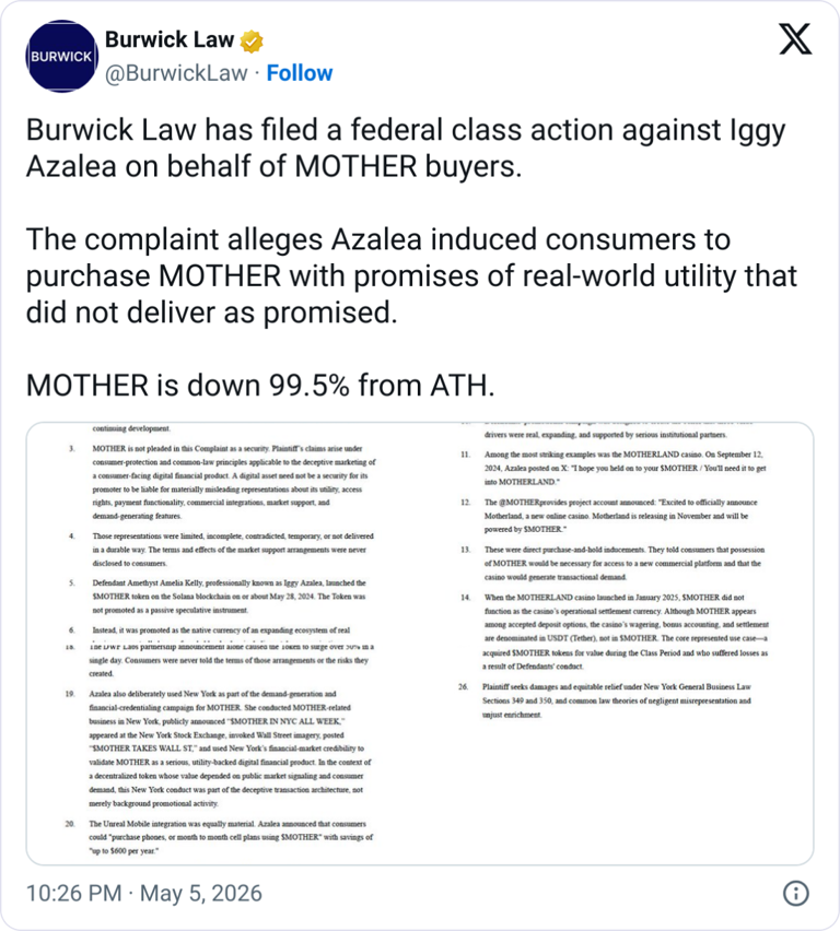 Iggy Azalea faces class lawsuit over MOTHER memecoin