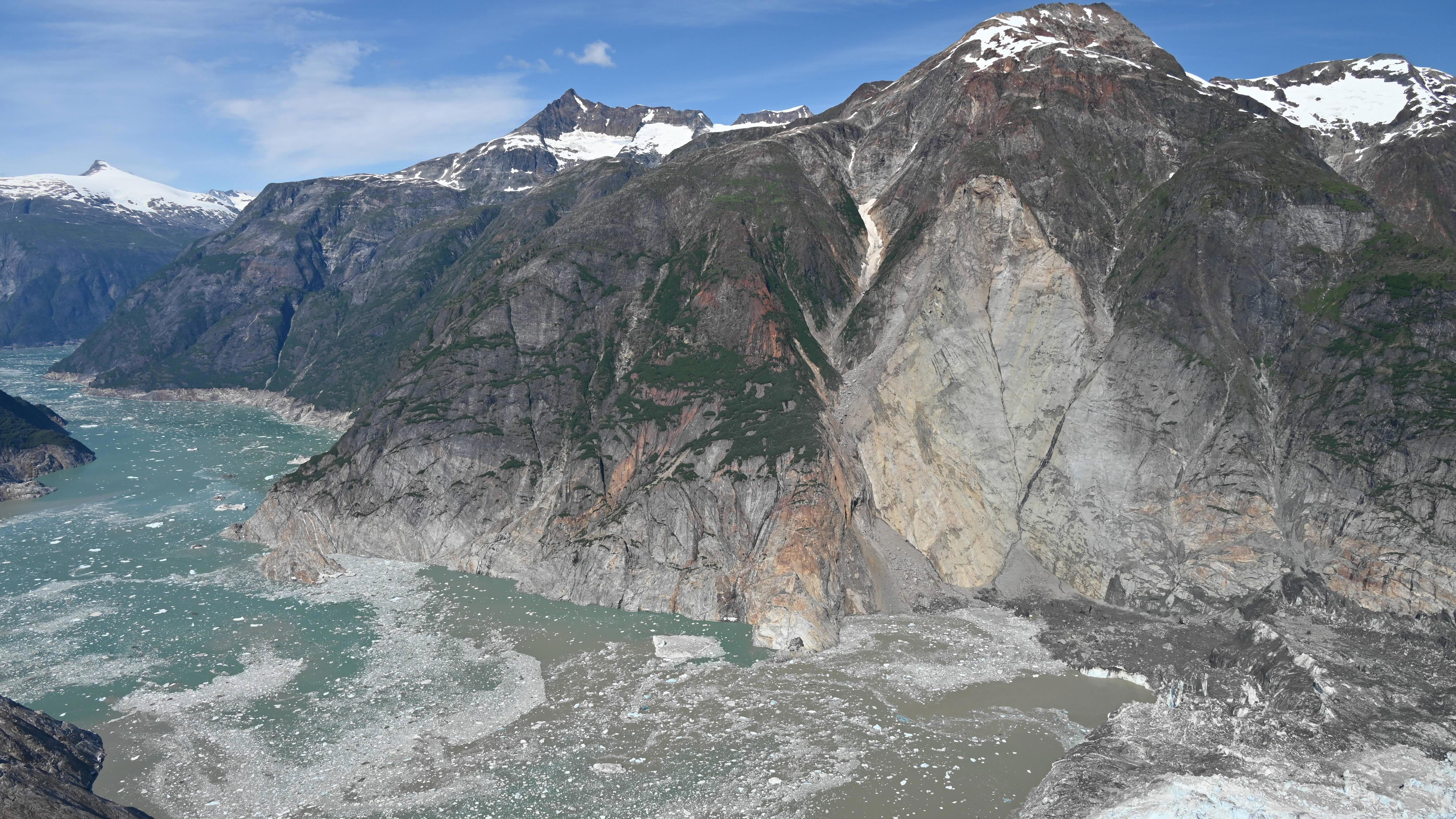 Aerial view of the August 2025 landslide and tsunami near South Sawyer Glacier in Alaska