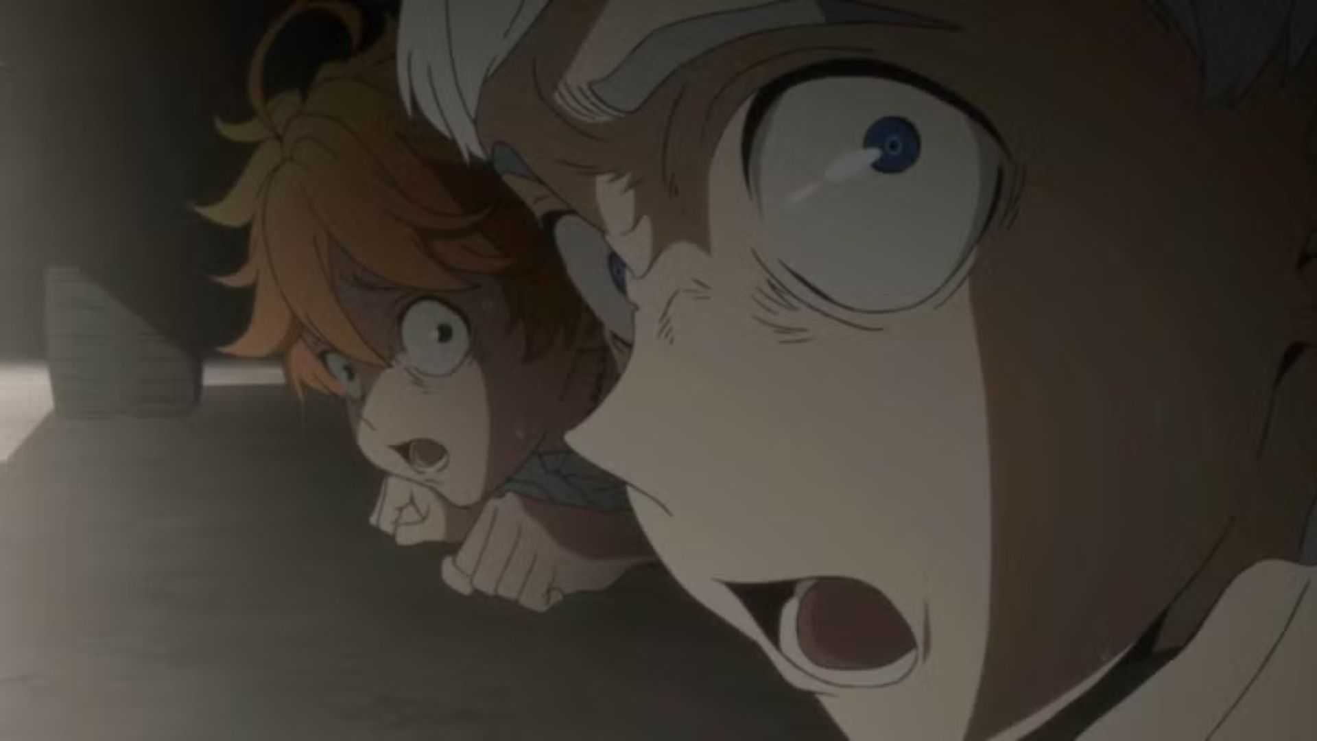 Emma and Norman look shocked in The Promised Neverland.
