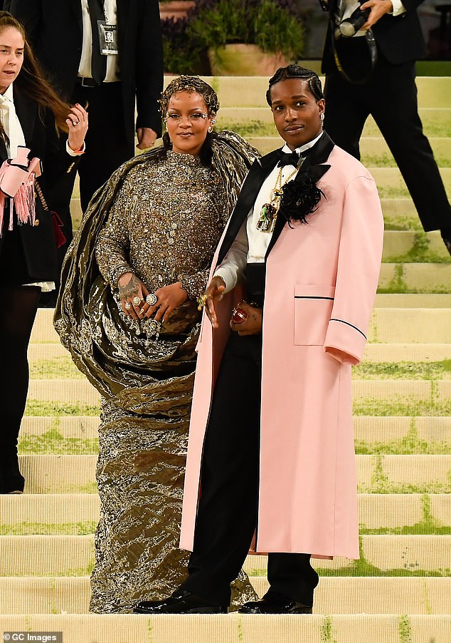 rihanna in formal dresses Blue Rihanna Satin Long Sleeves Dress Slit Prom Celebrity Evening Form –  Hoprom main image 1