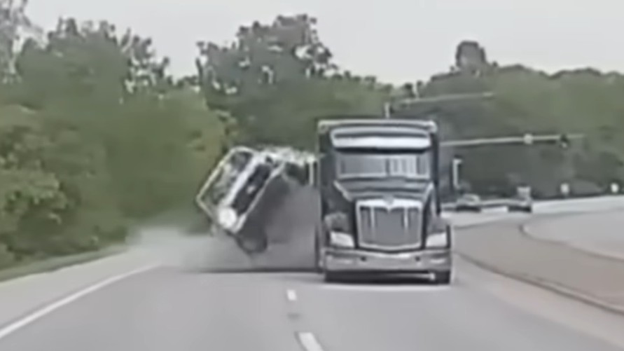 Semi driver falls asleep at the wheel, slams into truck, and rolls over