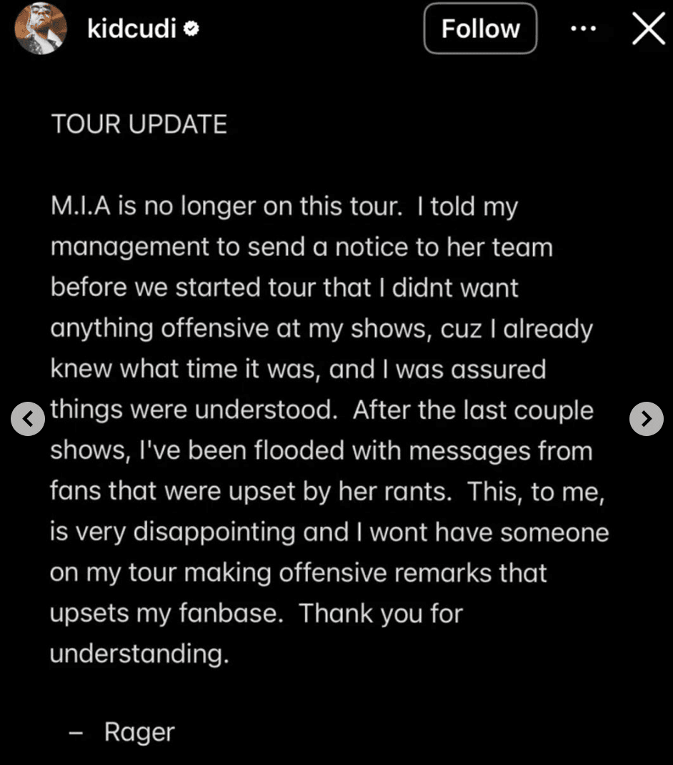 Why was MIA fired from Kid Cudi's tour?