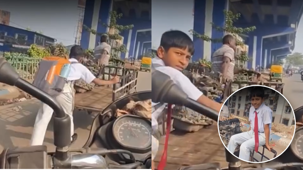Young boy in school uniform helps father pull his cart in scorching ...